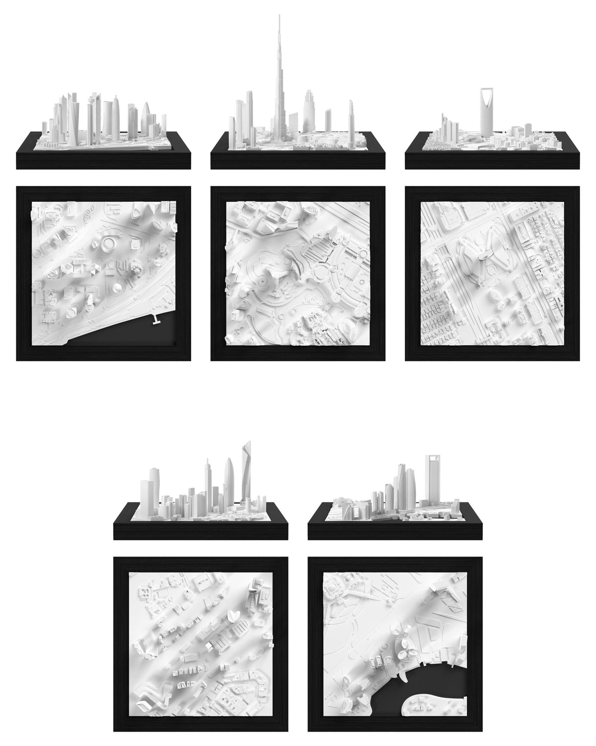 Middle East Set: Doha, Dubai - Burj Khalifa, Riyadh - Kingdom Tower, Kuwait - City, Abu Dhabi CUBE 3D city models - CITYFRAMES